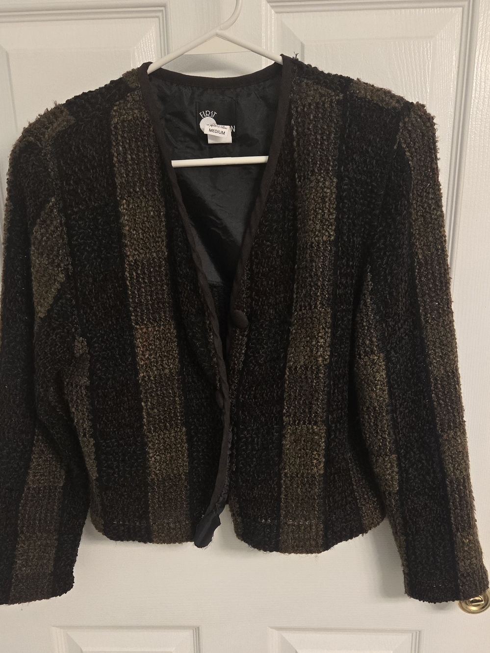Vintage 90s First Option Striped Boucle Chenille Jacket M Cropped Boxy Academic